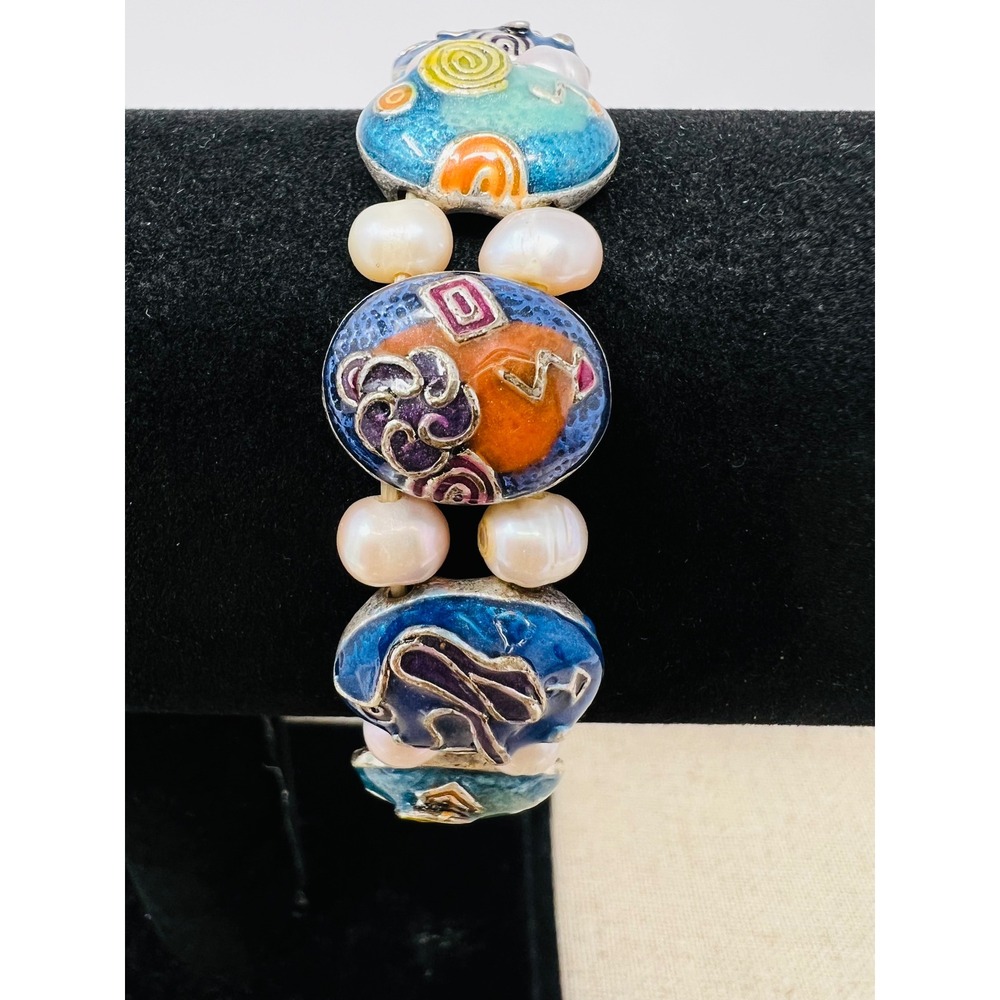 Artisan Enamel and Freshwater Pearl Stretch Bracelet Colorful Boho Statement